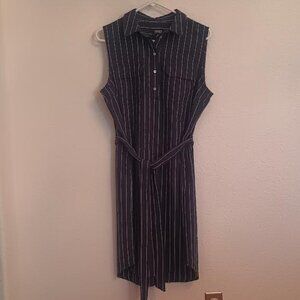 JONES NEW YORK DRESS BLUE STRIPED SLEEVELESS TIE BELT WAIST CRINKLE FABRIC 12